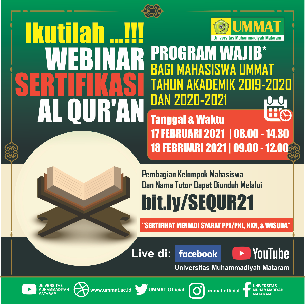 PEMBAGIAN KELOMPOK MAHASISWA DAN NAMA TUTOR WEBINAR SERTIFIKASI AL QUR’AN MATARAM TAHUN AKADEMIK 2019-2020 DAN 2020-2021